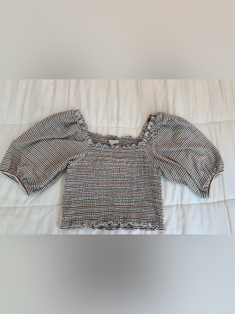LOFT Smocked Puff-Sleeve Crop Top in White, Black & Brown Stripes
